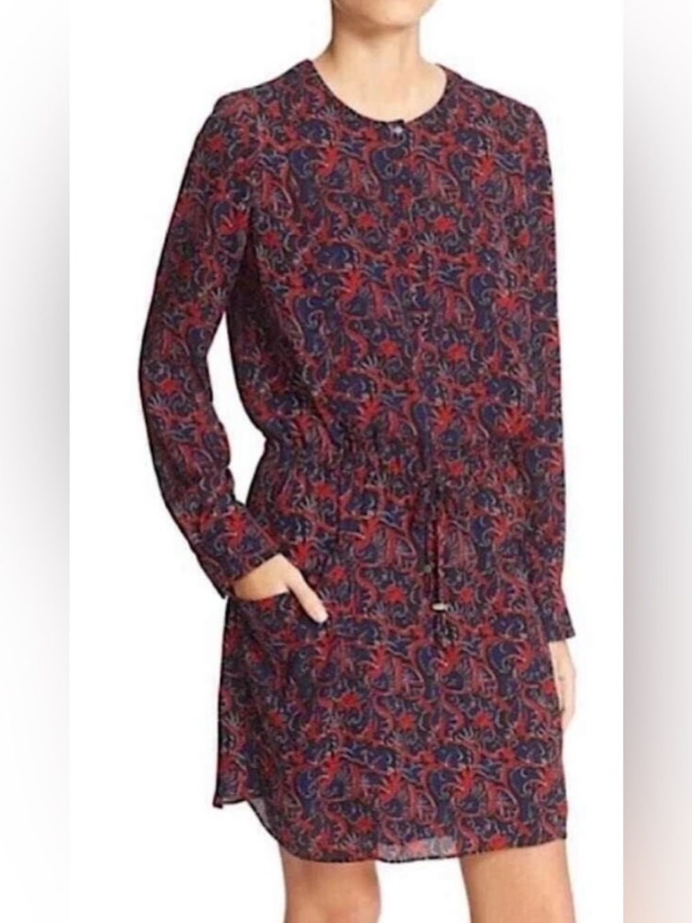 ALC Long Sleeve Sullivan Botanical Drawstring Waist Silk Shirt Dress Red/Blue